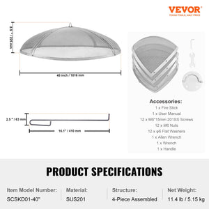 Fire Pit Spark Screen Round 40 Inch | Heavy Duty Steel Outdoor Fire Pit Cover | Easy-Opening Top Screen with Ring Handle | For Patio & Backyard Use