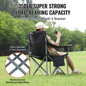 Folding Camping Chair | Heavy Duty Outdoor Seat with Cooler & Cup Holder | Black