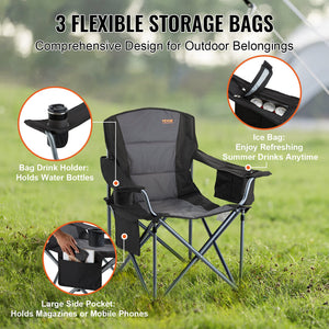 Folding Camping Chair | Heavy Duty Outdoor Seat with Cooler & Cup Holder | Black