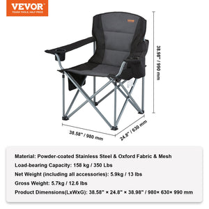 Folding Camping Chair | Heavy Duty Outdoor Seat with Cooler & Cup Holder | Black