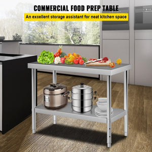 Stainless Steel Prep Table | 122x46x86cm Heavy Duty 250kg Load | Adjustable Undershelf Commercial Kitchen Workbench