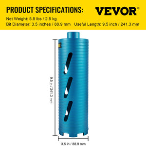 Dry Core Drill Bit 88.9mm | 241.3mm Depth Diamond Bore with Pilot Bit & Blade | For Hard Concrete & Brick