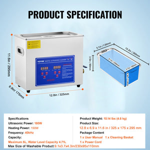 Ultrasonic Cleaner | 6L Stainless Steel Digital with Drain System