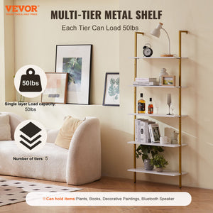 Industrial Pipe Shelf | 5-Tier Wall-Mount | 64x30x182.5cm | Gold/White