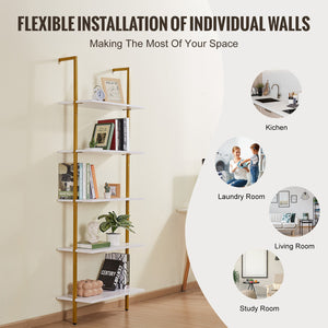 Industrial Pipe Shelf | 5-Tier Wall-Mount | 64x30x182.5cm | Gold/White