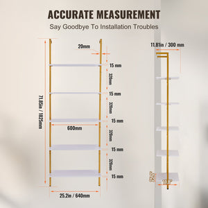 Industrial Pipe Shelf | 5-Tier Wall-Mount | 64x30x182.5cm | Gold/White