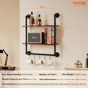 Industrial Pipe Shelf | 2-Tier Wall-Mount | 24x7.87"