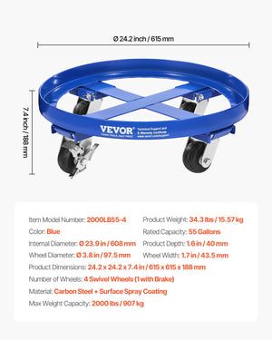 Drum Dolly | 55 Gallon Barrel Dolly Cart with 2000lb Capacity & 4 Caster Wheels