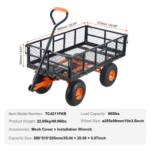Metal Dump Cart | 399kg Capacity | Convertible Handle | Garden Wheelbarrow with 25.4cm Tires
