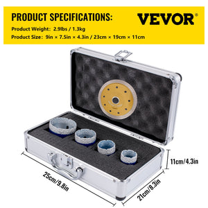 Diamond Drill Bit Set 4 Piece | 35/40/50/68mm Vacuum Brazed Tile Hole Saws with Case