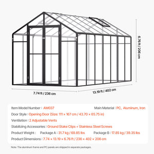 Polycarbonate Greenhouse | 8x14 ft Walk-In Outdoor Garden Greenhouse