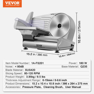 Meat Slicer 180W | 7.5" SUS420 Blade | Adjustable 0-15mm Thickness | For Meat, Bread & Cheese