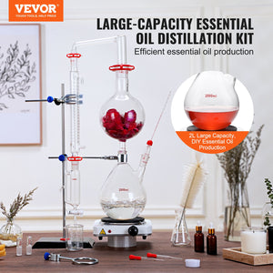 Essential Oil Distillation Kit | 2000ml 28-Piece Lab Glassware Set with 1000W Heating Plate
