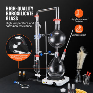 Essential Oil Distillation Kit | 2000ml 28-Piece Lab Glassware Set with 1000W Heating Plate