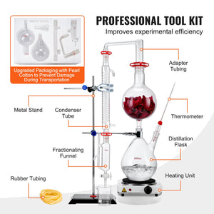 Essential Oil Distillation Kit | 2000ml 28-Piece Lab Glassware Set with 1000W Heating Plate