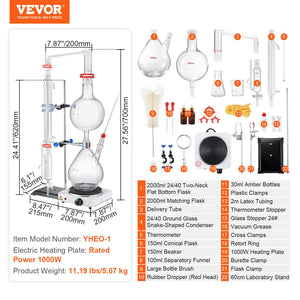Essential Oil Distillation Kit | 2000ml 28-Piece Lab Glassware Set with 1000W Heating Plate
