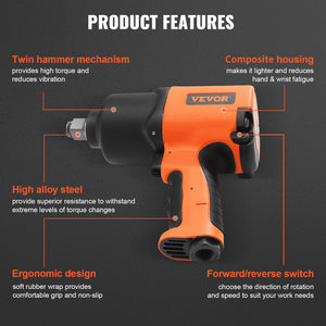 Air Impact Wrench 3/4" Drive | 1870 ft-lbs Torque | Heavy Duty Composite Pneumatic Gun for Auto Repairs
