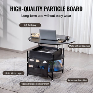 Lift-Top Coffee Table | 35.3" Round Storage Table | Black