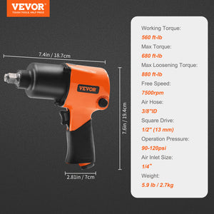 Air Impact Wrench | 1/2" Drive Pneumatic Tool | 880 ft-lb Torque | 7500 RPM Lightweight Design