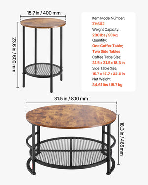 Coffee Table Set | 80cm Round Table + 2 End Tables for Living Room