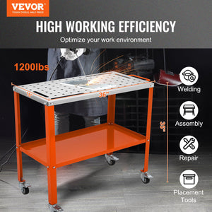 Welding Table 36"x18" | 1200lbs Load | Portable Steel Workbench with Lockable Casters, Tool Tray & Fixture Holes