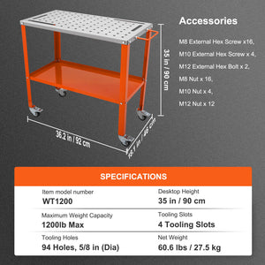 Welding Table 36"x18" | 1200lbs Load | Portable Steel Workbench with Lockable Casters, Tool Tray & Fixture Holes