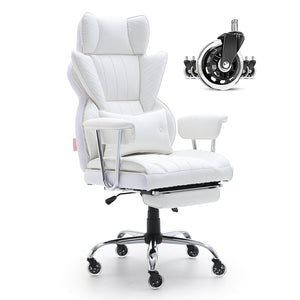 Reclining Office Chair | Big & Tall PU Leather Chair with Footrest | Lumbar Support White Executive Seat