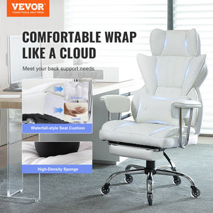 Reclining Office Chair | Big & Tall PU Leather Chair with Footrest | Lumbar Support White Executive Seat