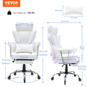 Reclining Office Chair | Big & Tall PU Leather Chair with Footrest | Lumbar Support White Executive Seat