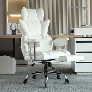 Reclining Office Chair | Big & Tall PU Leather Chair with Footrest | Lumbar Support White Executive Seat