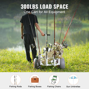 Beach Fishing Cart | 136kg Capacity | Heavy Duty Aluminium Pier Wagon with PU Balloon Wheels & 8 Rod Holders | For Sand, Fishing & Picnic