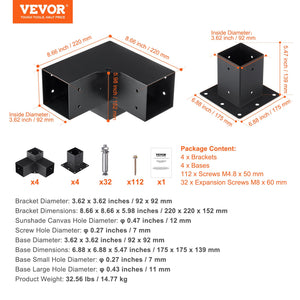 Pergola Bracket Kit 4"x4" | 8pc Heavy Duty Steel Post Base & Corner Set | Outdoor Pergola Hardware
