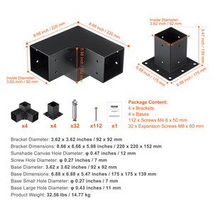 Pergola Bracket Kit 4"x4" | 8pc Heavy Duty Steel Post Base & Corner Set | Outdoor Pergola Hardware