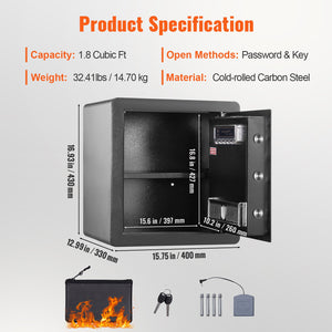 Home Safe | 1.8 cu.ft Steel Security Box | 15.75x13x16.9" for Cash & Valuables