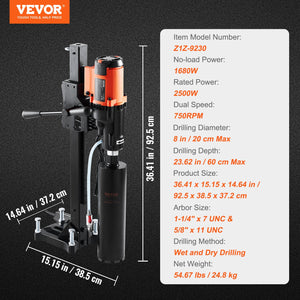 Diamond Core Drill Machine 8" | Wet & Dry Concrete Core Rig with Stand | 750RPM | 2500W | For Brick, Block & Stone