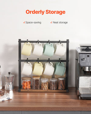 Coffee Mug Holder | 16-Hook Countertop Rack with Wooden Base