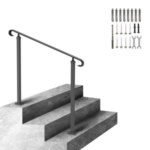 Outdoor Step Handrail | Fits 1-3 Steps | Wrought Iron Adjustable Stair Railing | For Concrete or Wooden Steps | Black Transitional Design