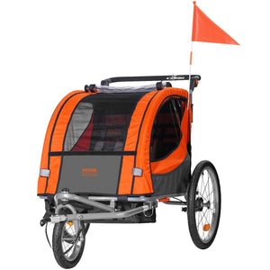 Bike Trailer for Toddlers & Kids | Double Seat 40kg Load | 2-in-1 Canopy Carrier Converts to Stroller | Tow-Behind Foldable Bicycle Trailer with Universal Coupler | Orange & Grey
