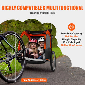 Bike Trailer for Toddlers & Kids | Double Seat 45kg Load | 2-in-1 Canopy Carrier Converts to Stroller | Tow-Behind Foldable Bicycle Trailer with Universal Coupler | Orange & Grey