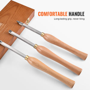 Wood Lathe Chisel Set 3 Piece | Carbide Turning Tools with Square, Round & Diamond Blades | 20cm Handles & Wooden Storage Box