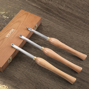 Wood Lathe Chisel Set 3 Piece | Carbide Turning Tools with Square, Round & Diamond Blades | 20cm Handles & Wooden Storage Box