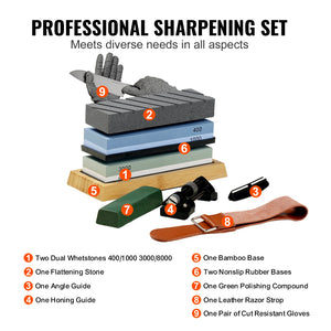 Knife Sharpening Kit 10 Piece | Dual-Sided Whetstones 400/1000 & 3000/8000 | Includes Bases, Guides & Flattening Stone