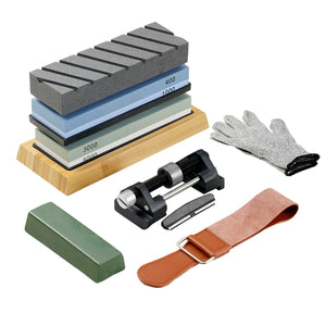 Knife Sharpening Kit 10 Piece | Dual-Sided Whetstones 400/1000 & 3000/8000 | Includes Bases, Guides & Flattening Stone