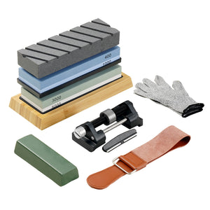 Knife Sharpening Kit 10 Piece | Dual-Sided Whetstones 400/1000 & 3000/8000 | Includes Bases, Guides & Flattening Stone