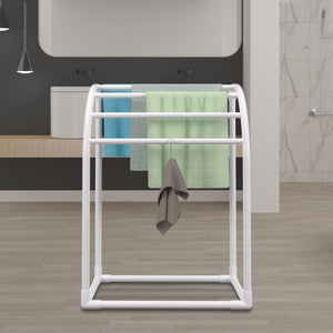 Pool Towel Rack 5 Bar | Milky PVC Freestanding Rack with 8 Clips & Mesh Bag | For Poolside, Beach & Outdoor Storage