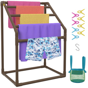 Pool Towel Rack 5 Bar | Brown PVC Freestanding Rack with 8 Clips & Mesh Bag | For Poolside, Beach & Outdoor Storage