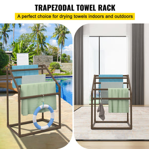 Pool Towel Rack 5 Bar | Brown PVC Freestanding Rack with 8 Clips & Mesh Bag | For Poolside, Beach & Outdoor Storage
