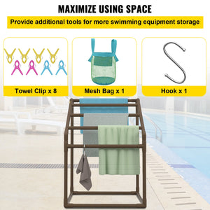 Pool Towel Rack 5 Bar | Brown PVC Freestanding Rack with 8 Clips & Mesh Bag | For Poolside, Beach & Outdoor Storage