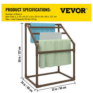 Pool Towel Rack 5 Bar | Brown PVC Freestanding Rack with 8 Clips & Mesh Bag | For Poolside, Beach & Outdoor Storage