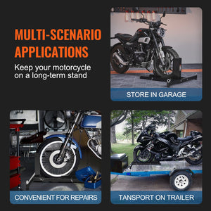 Motorcycle Wheel Chock Upright | 816.5kg Capacity | Heavy Duty Steel Front Wheel Stand | 6 Adjustable Holes | Fits 381-558.8mm Off-Road & Standard Motorcycles